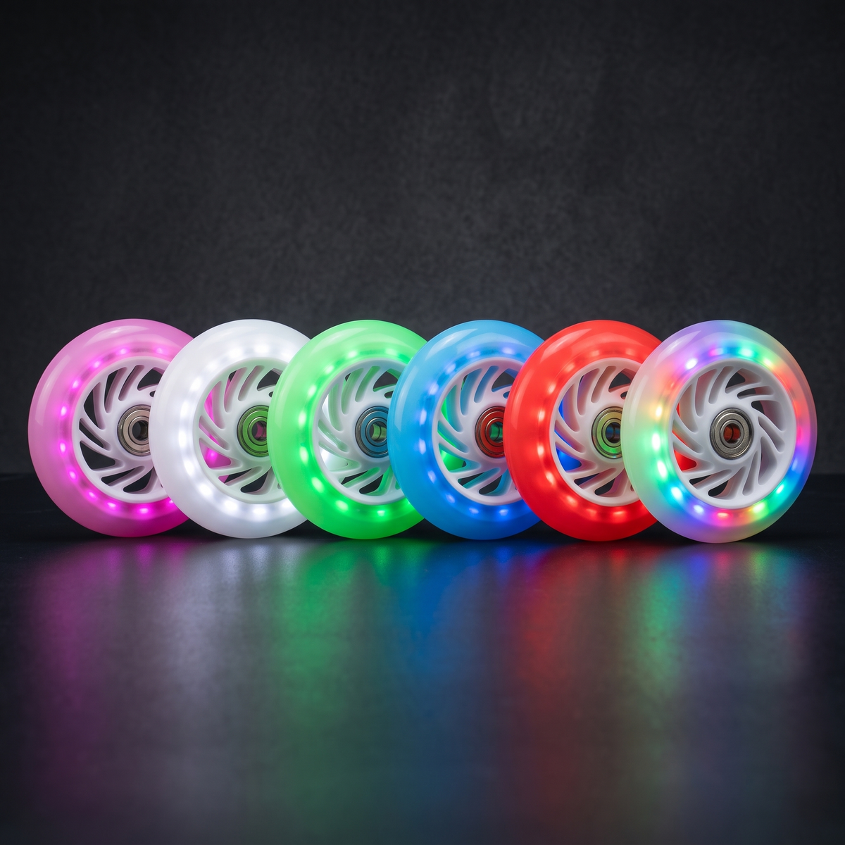 Ruedas GlowRush encendidas en los 6 colores