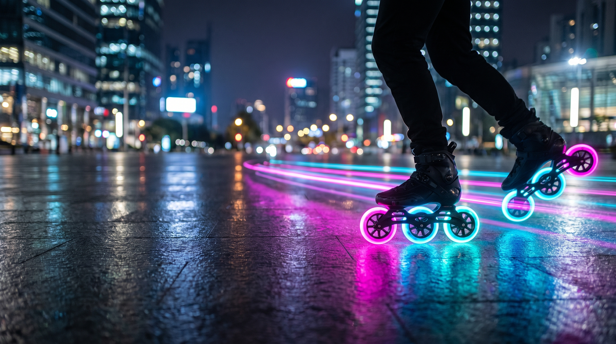 Patines con ruedas GlowRush brillando de noche en la ciudad